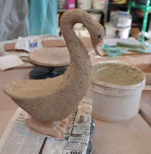 Goose modelled by Cindy Nolan, Dublin based ceramic class. Surface decoration using grog/slip mix. Electric fired to 1260°C (Cone 8). www.ceramicforms.com
