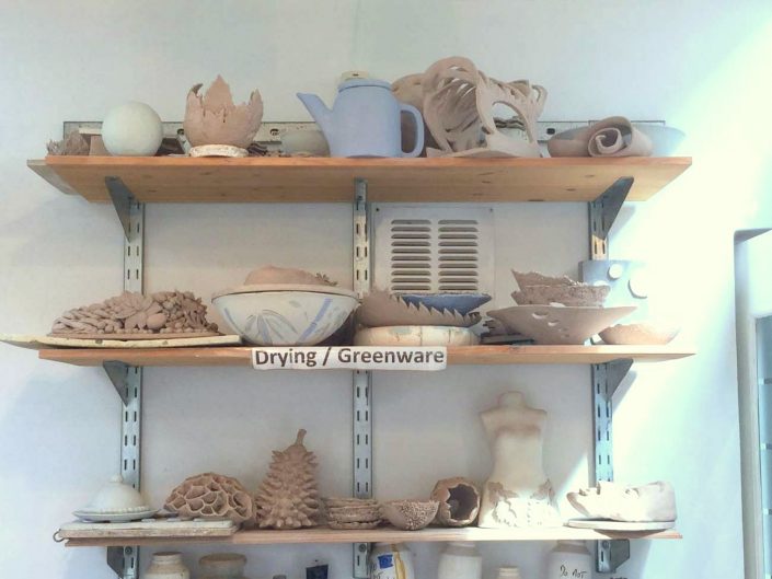 Studio shot, selection of students work at the drying/greenware stage (unfired). Dublin based ceramic courses. www.ceramicforms.com