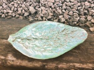 Leaf plate by Emily O'Byrne with multiple glaze layers. Dublin ceramic class. #loveclay #students #ceramicclass #dublin #ceramicforms #handmade #stoneware