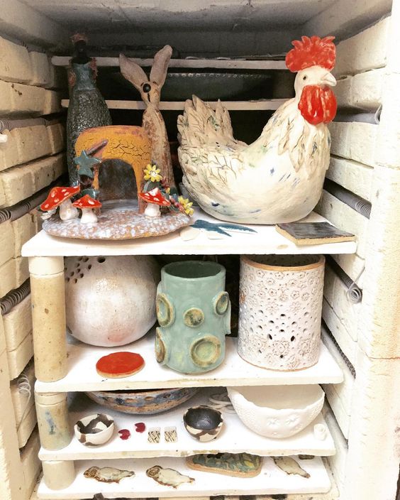 After...Glaze kiln! Selection of students work including Bernie W, Lorraine O'C, Margaret D, Emily O'B, Cleo O'N, Gosia, Linda K, Annie O'N, Eveline H, Ellen E & Richard D. #beforeandafter #after #kilnlove #kiln #ceramicforms #ceramicclass #students #loveclay #stoneware #cone8 #dublin #handmade