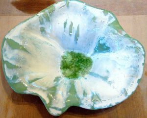 Hand built bowl with glass detail, white crystalline glaze. Electric fired to 1260°C (Cone 8). www.ceramicforms.com