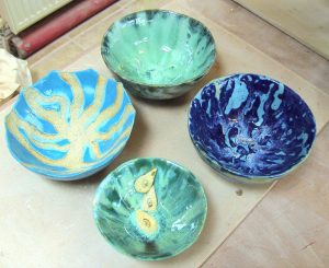 Glazed bowls at weekly ceramic class, Dublin. Electric fired to 1260°C (Cone 8). www.ceramicforms.com