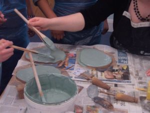 Hand Print Project in process. Large-scale Collaborative Public Art Commission 2009 with St. Peter’s National School, Phibsborough, Dublin. This project celebrated the opening of their new school building and had a strong collaborative element between Ceramic Artist Michelle Maher and the whole school community. We took the handprints in clay and slip of all pupils, teachers and staff and created a series of three large-scale ceramic wall murals. www.ceramicforms.com